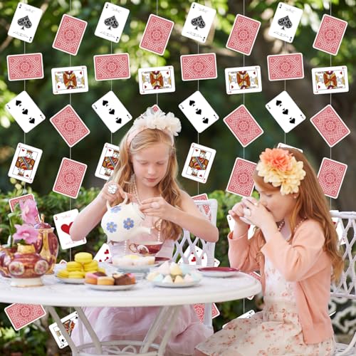 Xinnun 8 Pcs Wonderland Tea Party Decorations Wonderland Themed Poker Cards Garland Banners Heart Spade Pattern Card Hanging Decor for Birthday Baby Shower Tea Party Supplies - style: Poker Card
