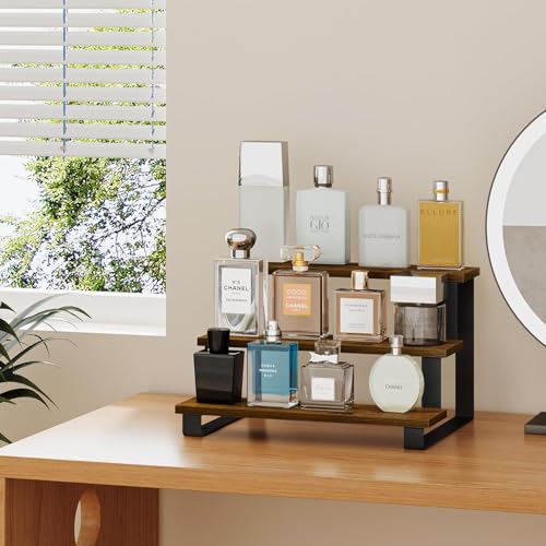 YINMIT Wooden Display Riser Stand,15.75 Inch Tiered Perfume and Cologne Organizer Stand, 3 Tier Spice Rack Organizer, Rustic Display Shelf for Cupcake, Figures, Candles (3 Tier Brown,15.75 In) - color: 3 Tier Brown, size: 15.75 In