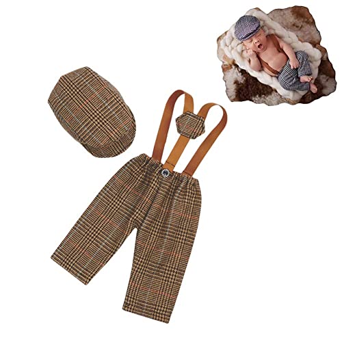 Newborn Monthly Baby Photo Props Stripe Checked Flat Cap Newsboy Suspender Pants Romper for Photography Outfits - color: Dark Coffee