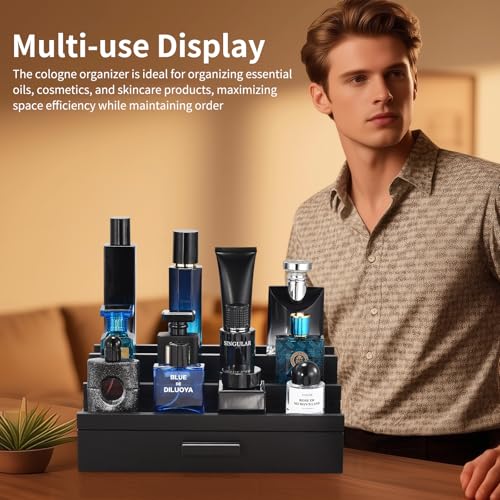 Perfume Organizer for Men, 3 Tier Wood Perfume Display Stand with Velvet Lining Drawer and Hidden Compartment for Watch,Jewelry,Perfume Display Risers,A Gift for Men (Black) - style: 3 Tier - Black