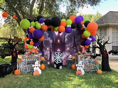 12x10ft Halloween Backdrops for Photography Spooky Full Moon Gothic Graveyard Halloween Photo Backdrop for Photoshoot Bats Skeleton Cemetery Background Hallows' Eve Party Decorations - color: Purple, size: 12x10ft