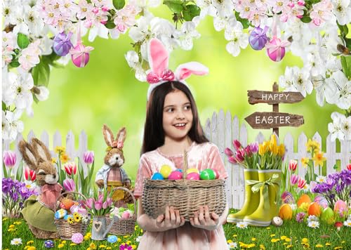 8x6FT Easter Backdrop Spring Flowers Grass Backdrop Colored Egg Rabbit Backdrop for Easter Party Decoration Baby Shower - size: 8x6ft