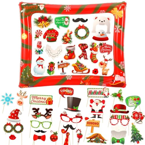 Christmas Photo Booth Props 53 PCS Set - Large Frame 30x25.6 in, Pose Sign Picture Props for Xmas Winter Holiday New Year Party Favors, Selfie Game Decor
