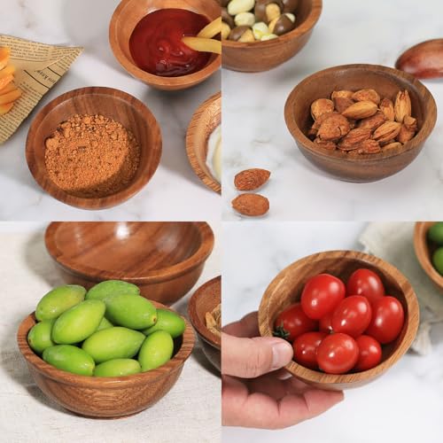Acacia Wooden Bowls, 4 Inch Handcrafted Wood Serving Bowls Set of 2 for Sauce/Dips/Condiments, Mini Farmhouse Side Dishes with Natural Textured for Charcuterie Board/Appetizers - size: D 4.2'' x H 1.6''