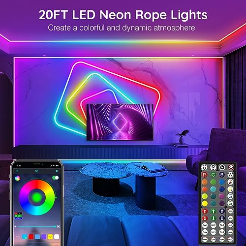 AILBTON 20Ft Neon Rope Lights,Flexible Led Rope Lights Control with App/Remote,Multiple Modes Music Sync Gaming RGB Led Neon Lights for Bedroom Outdoor - size: 20FT Neon Rope Lights