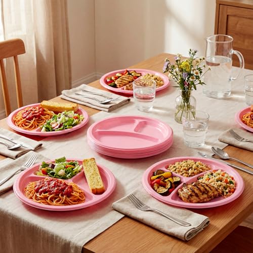 Umigy 100 Pcs 10 Inch 3 Compartments Divided Plastic Plates Bulk Colorful Disposable Heavy Duty Round Dinnerware for Party Valentine Wedding Birthday(Pink) - color: Pink
