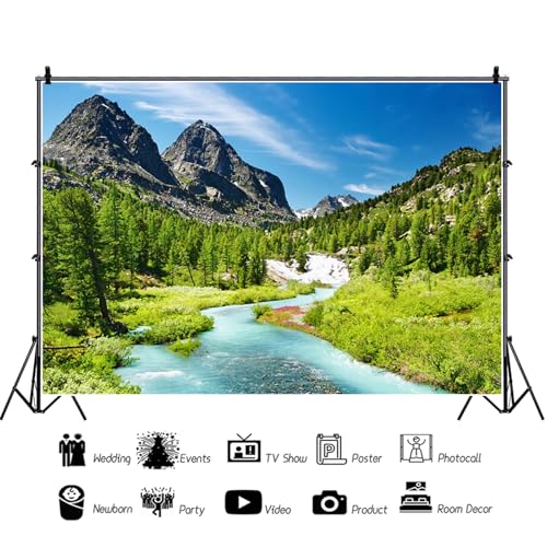 8x6ft Mountain Backdrop Nature Mountain Landscape Pine Trees Forest Blue River Sky Photography Background Camping Picnic Themed Party Decorations Wallpaper Portraits Photo Studio Props - color: Mountain-2, size: 8x6ft