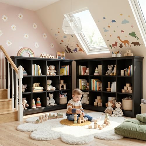 Aheaplus Wooden 12-Cube Storage Organizer with Charging Ports, Modern Cube Bookcase with Base, 4-Tier Floor Standing Open Cubbies Bookshelf, Cubicle Display Shelf for Home and Office, Black - color: Black, size: 12-Cube