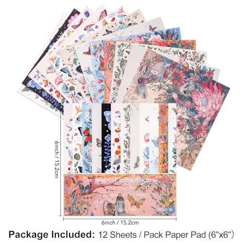 12 Sheets Scrapbook Paper Pads, 12 Designs 6"x6" Single Sides Patterned CardStock Papers, 160gsm Decorative Background Craft Paper, Scrapbooking Pad for Card Making DIY Projects (Butterfly Hope) - color: Buttefly & Floral