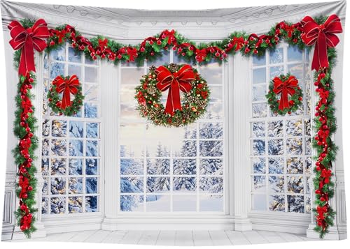 7x5Ft Christmas Window Backdrop for Photography Holy Garland String Lights Santa Claus Background Winter Snow Scene Merry Christmas Photo Backdrop Studio Props Banner - size: 7X5Ft
