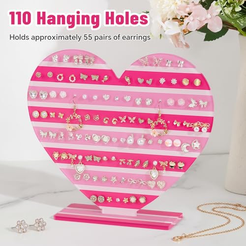 NiHome Heart-Shaped Acrylic Earring Holder Stand for Studs & Dangles, Romantic Jewelry Organizer for Vanity Dresser or Boutique Decorative Display, Holds Up to 55 Pairs with 110 Holes (Pink Stripes) - color: Pink Stripes