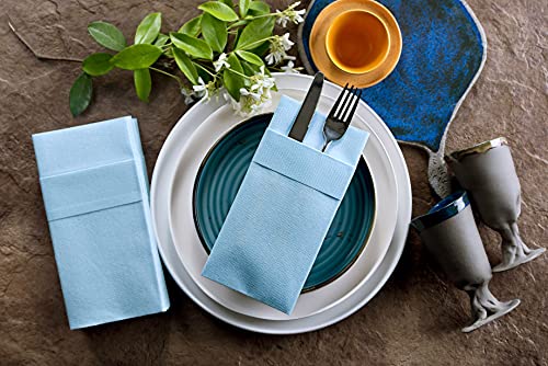 Moyes Home Baby Blue Disposable Dinner Napkins with Pocket - Linen-Feel Pre-Folded Cloth-Like Paper Napkins for Silverware, Weddings, Dinner Parties, 16x16 in, Pack of 50 - color: Baby Blue