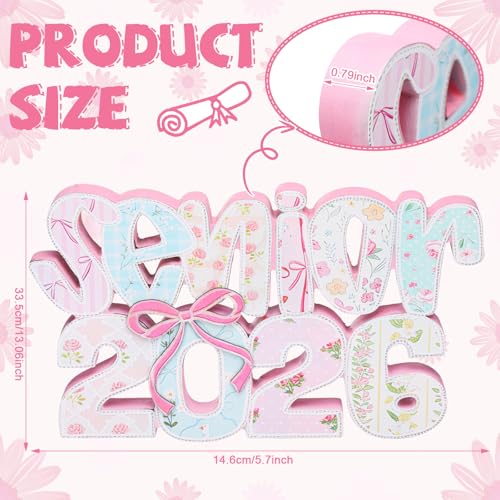 BreezeHug Large Senior 2026 Sign Table Decoration 2026 Graduation Senior Night Photo Booth Props Coquette Pink Bow Graduation Wooden Table Sign with Pastel Floral for Grad Prom Party Centerpieces - color: Pastel, style: Floral