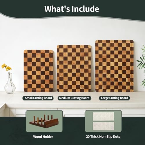 WILLKOMMEN Checkered Cutting Board Set, 3-Piece Wood Checkerboard End Grain Chopping Boards with Holder & Juice Groove Wooden Kitchen Cutting Board for Cooking and Serving (S, M, L) - style: Checkerboard set of 3