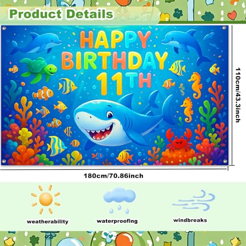 IVN Happy 11th Birthday Backdrop Banner 71x43 Inch Ocean Theme Under the Sea Birthday Party Decorations Photography Background Photo Booth Props for Boys Girls - color: Happy Birthday 11th