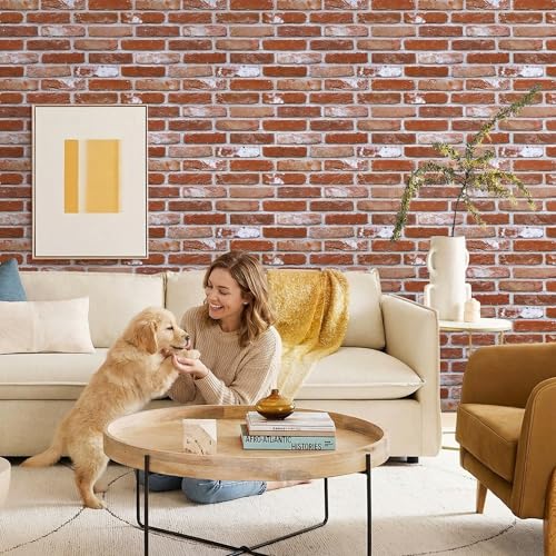 COMSTICKC 3D Red Faux Brick Wall Panel Peel and Stick Wall Covering, 12 Pcs of 22.8" x 11.8", 3D Brick Wall Stickers, UrltraLight PVC Self Adhesive Brick Decorative Tile Interior, Covers 22.48 sq.ft - color: Washed Red