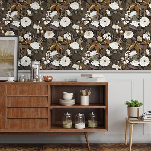 Laatse Floral Wallpaper Peel and Stick 17.5" x 118" Boho Flower Contact Paper, Self Adhesive Removable Waterproof Vintage Floral Wall Paper for Bedroom Walls Countertop Cabinet(Brown,Black,White) - color: Brown&White, size: 17.5" x 118"