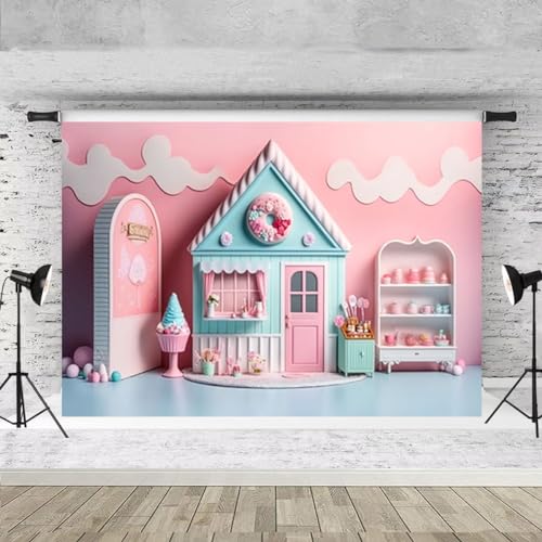 Pink Ice Cream Shop Candy House Background for Photoshoot Girl Birthday Party Decoration Children Happy First 1st Birthday Party Backdrop Summer Candy House Baby Shower Backdrop (9X6FT) - size: 9X6FT