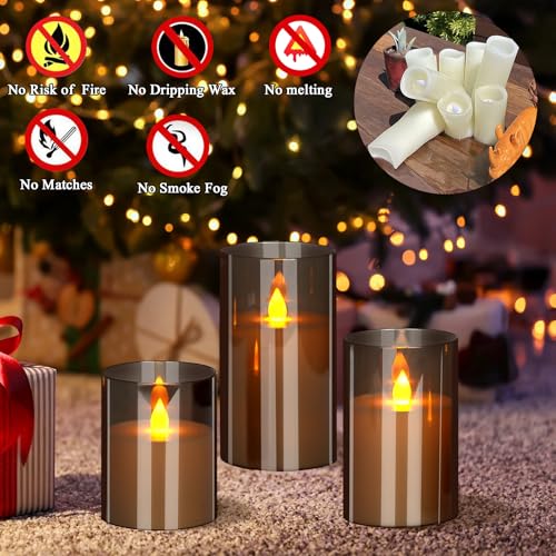 Flameless Candles 4" 5" 6" Acrylic Glass Pillars 3" Diameter Battery Operated Flickering Candles Include Remote with 24Hour Timer Function 400+ Hours by 2 AA Batteries (Gray, Warm Light 9 Pack) - color: Gray, size: Warm Light 9 Pack