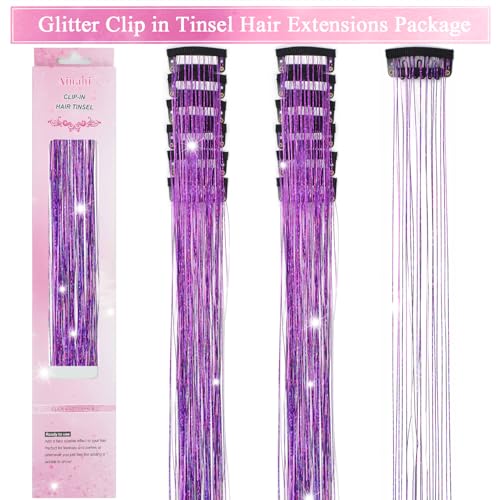 Hair Tinsel Clip in 12 Pcs Glitter Tinsel Hair Extensions 20 Inch Fairy Hair Clip in Hair Tinsel Heat Resistant Sparkly Hair Accessories for Girls Women Kids (Purple) - color: Purple