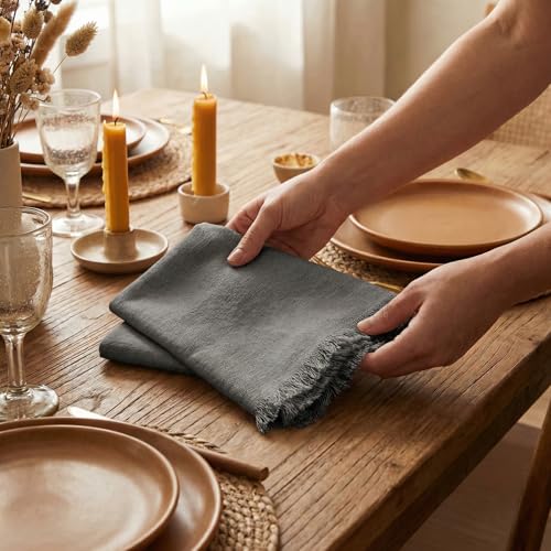 ACCENTHOME Grey Cotton Linen Napkin Set of 12 18x18 inch Dinner Napkins - Washable Soft Premium Hotel Quality Reusable Hemmed Edges Napkins Perfect Table Linens for Family Dinners, Weddings - color: 11 - Grey, size: 18"x18" - Pack of 12