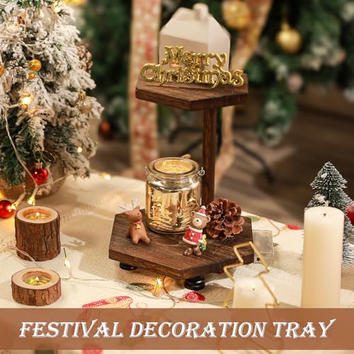 Tikea Hexagonal Wood Riser for Display, 2-Tier Rustic Wood Farmhouse Riser for Kitchen Bathroom Counter Decor, Decorative Tray for Soap Dispenser, Decorations and Plant (Brown)