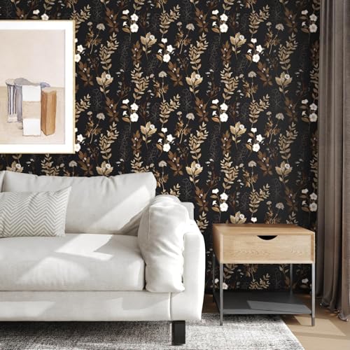 Fvlow Vintage Black Gold Floral Peel and Stick Wallpaper Waterproof Contact Paper, Self Adhesive Vinyl for Living Room Bedroom Bathroom, Removable Wall Covering Furniture Decor, 17.4" x 197" Boho Dark - color: Black, size: 17.4" x 197"