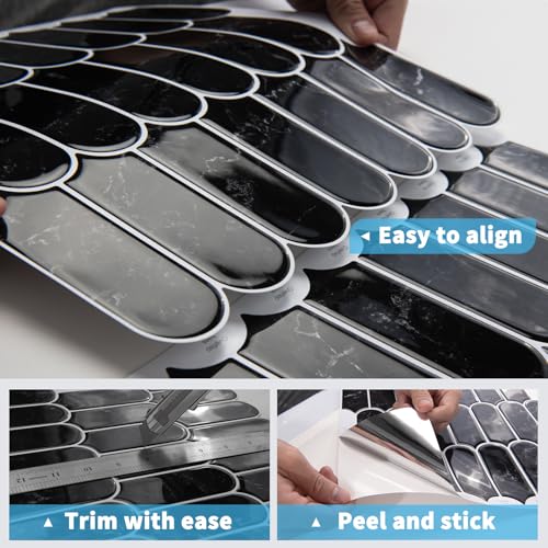 Art3d 10-Sheet Peel and Stick Kitchen Backsplash Tile, Vinyl Stick On Wall Tile Sticker for Bathroom Laundry Room Back Splashes, 12"x12" Black Marble