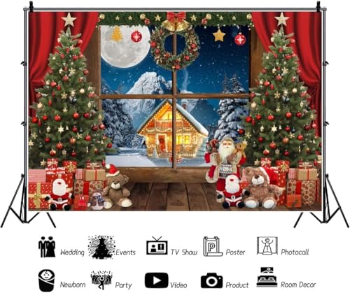 Renaiss 8x6ft Christmas Window Scene Backdrop Winter Wonderland Snow Xmas Tree Full Moon Night Red Curtain Bells Merry Xmas Photography Background for Family Holiday Party Decor Studio Props - color: Red, size: 8x6ft
