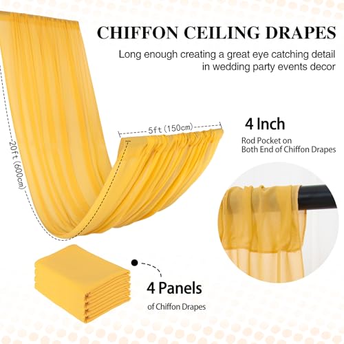 DUOBAO Chiffon Ceiling Drapes 20FT 4 Panels Gold Sheer Wedding Backdrop Curtains for Indoor Events Banquet Hall Tent Drapery Soft Draping Fabric for Arches Christmas and Photography(Golden) - color: Gold, size: 60"W x 240"L (Pack of 4)