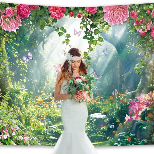 Fairy Enchanted Backdrop 7Wx5H Feet Woodland Tale Green Garden Flower Floral Butterfly Girls Polyester Fabric Birthday Wedding Photography Backgrounds Photo Shoot Decor Props Decoration - color: A-Fairy01(Floral), size: 7Wx5H