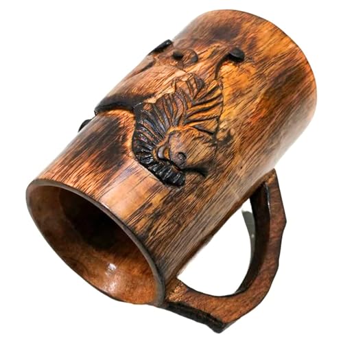 collectiblesBuy Hand-carved Antique Brown Lion Design Wooden Coffee Mug Rustic Tankard with Handle for Tea Wine Beer Ideal for Men Camping Travel Outdoor Use