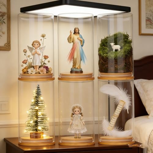 6 Pack 360° Clear Dustproof Stackable Display Box for Mini Figures Jesus Miniatures Building Blocks with Wood Base