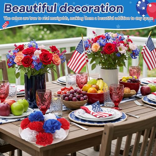Syhood 50 Pcs 4th of July Marigold Flower Bulk Memorial Day Decorations Patriotic Flowers for Floral with Stems DIY Garland(2.4 Inch, Independence Day Colors) - color: Blue, Red, White