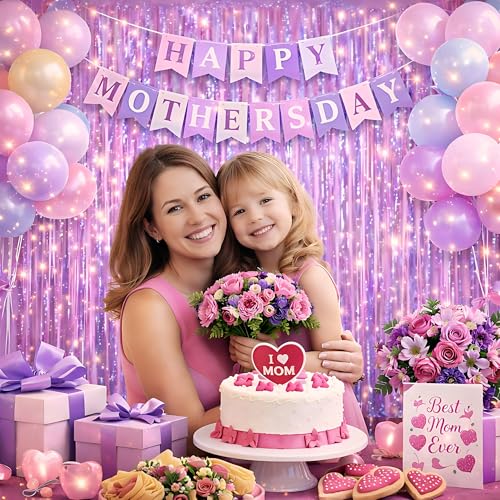 Happy Mothers Day Decorations Melsan 3 Pack 3.2 x 8.2 ft Pinkish Purple Tinsel Fringe Curtain Backdrop, Sparkling Metallic Party Decorations for Girls Birthday, Bachelorette, Wedding, Photo Booth - color: Pinkish Purple