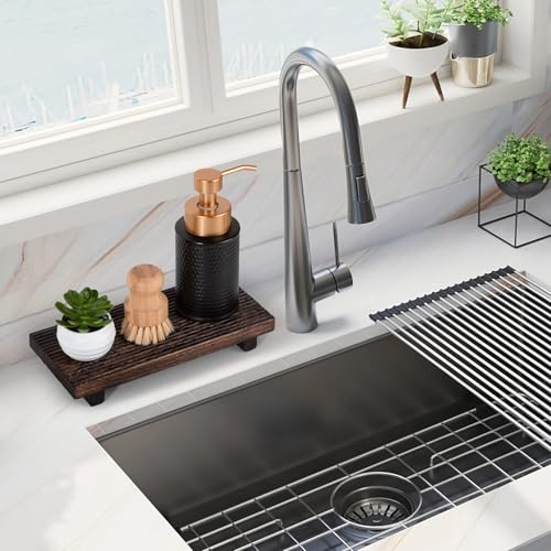 Bathroom Tray Farmhouse Decor Pedestal Stand Wood Riser Display Kitchen Accessories Soap Holder for Sink, Counter, Vanity, Dark Brown - color: Drak Brown, size: 10" x 4.5" x 1.6"