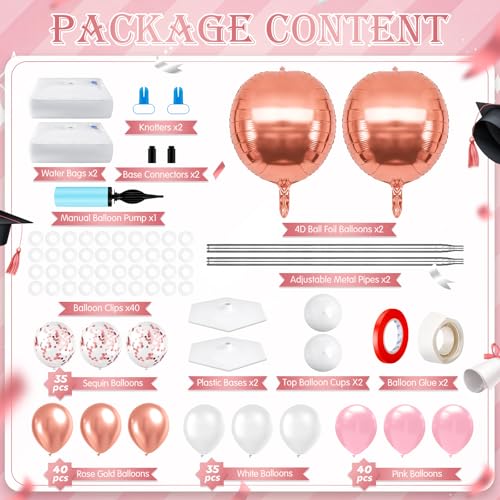 2 Sets Pink and Rose Gold White Graduation Balloon Column Stand Kit for Class of 2026, Adjustable Floor Balloon Arch Tower with Foil & Latex Balloons, DIY Decor for Grad Ceremony Backdrop - color: Pink and Rose Gold White