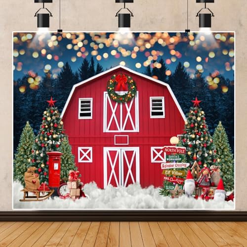 Christmas Backdrop 10x8ft Outdoor Winter Photo Backdrop for Photography - Red Barn Country Scene Winter Xmas Tree Background - Merry Christmas Party Decoration - Family Kids Adult Props - color: NWH22059