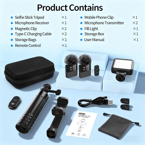 yAyusi Vlogging Kit for iPhone/Android,31" Selfie Stick Tripod with Light, Microphone, Remote Control & Storage Boxes, YouTube Starter Kit for Interviews, Vlogs, TikTok, YouTube Video Recording