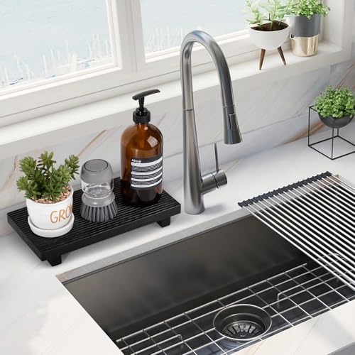 Bathroom Tray Farmhouse Decor Pedestal Stand Wood Riser Display Kitchen Accessories Soap Holder for Sink, Counter, Vanity, 11 * 5.5 Black - color: Black, size: 11" x 5.5" x 1.6"