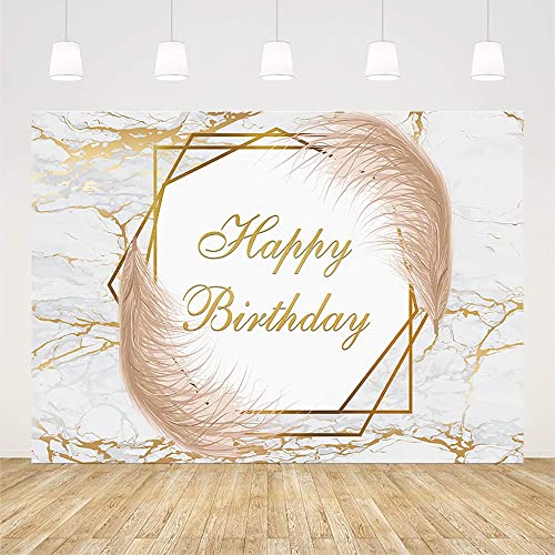 AIBIIN 7x5ft White and Gold Marble Birthday Backdrop Boho Fluid Happy Birthday Photography Background for Men Women 30th 40th 50th 60th 70th Bday Party Banner Decorations Photo Shoot Studio Props