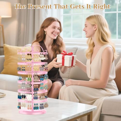 MODOWEY Rotating Earring Holder Organizer Stand, 6 Tier Large Capacity Jewelry Display Tree for Women Vendors, 264 Holes Adjustable Metal Rack for Stud Hoop Dangle Storage, Spin for Easy Access, Pink - color: Light Pink, size: 6-Tier