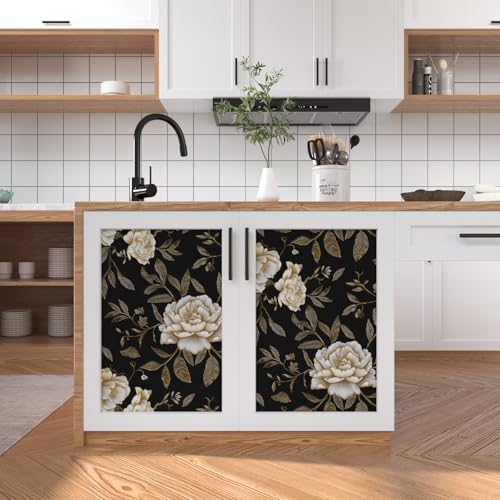 Floral Wallpaper Peel and Stick, Black/Golden/White Peony Flowers Contact Paper, Botanical Wall Paper Self Adhesive Waterproof Removable for Room Shelves Cabinet Drawer Table Decor 17.5" x 118" - color: Golden/White Flower, size: 17.5" x 118"