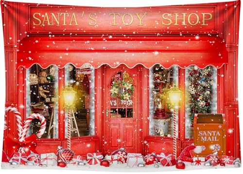 15X8FT Red Christmas Photo Backdrop Santa's Toy Shop Candy Cane in Snow World Xmas Family Holiday Party Banner Photography Background Supplies Decor Studio Prop - size: 15x8Ft