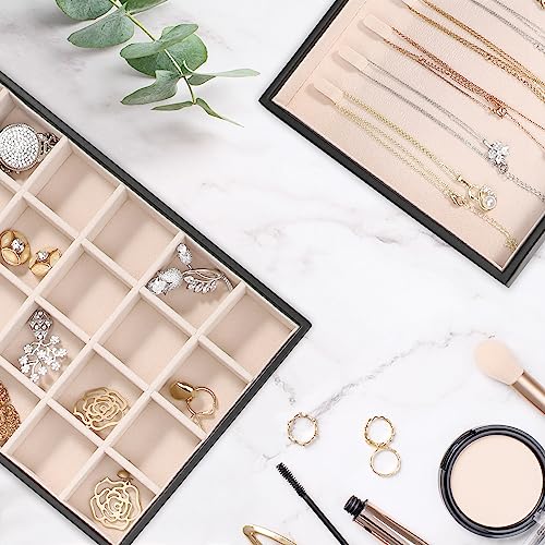 Voova Stackable Jewelry Organizer Tray with Lid, PU Leather Jewelry Storage Holder for Drawer Inserts, Jewellery Display Box Case for Earring Necklace Ring Watch Bracelet (Set of 4, Black) - color: Black