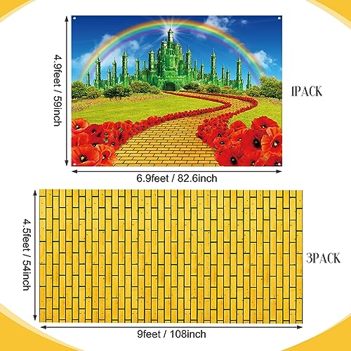 4Pack Yellow Brick Road Runner and Emerald Castle Backdrop for Wizard Party Decorations,Yellow Brick Stone Road Leading Emerald Castle Rainbow Background for Photography Halloween Princess Party Decor
