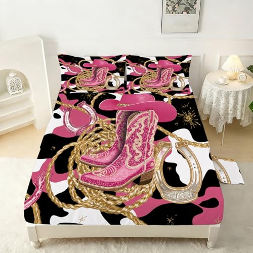 Pink Cowgirl Fitted Sheet Set Queen Size Glitter Cowboy Boots Horseshoe Print Sheet Set Kids Women Western Bed Sheets Cowhide Pattern 1 Fitted Sheet+1 Flat Sheet+2 Pillowcases - color: Cowgirl 01, size: Queen