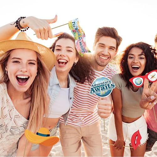 Biswiter Adventure Awaits Party Decorations Photo Booth Props, 26 Pcs Let The Adventure Begin Decorations Photo Props, Bon Voyage Around The World Decorations Photo Props for Travel Decorations