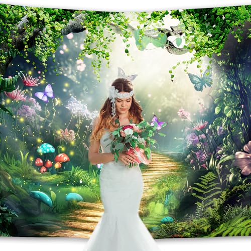 Fairy Tale Backdrop 7Wx5H Feet Enchanted Woodland Green Spring Butterfly Flower Yellow Brick Road Polyester Fabric Princess Magic Photography Backgrounds Photo Shoot Decor Props Decoration - color: A-Fairy01, size: 7Wx5H
