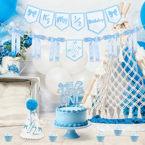 1/2 Birthday Girl Half Birthday Decorations - blue Bow It's My 1/2 Birth Banner, Glitter Cake Topper, Ribbon Bow Wood Bead High Chair Banner & Cone Hat, Halfway to One Baby Girl Party Supplies(Blue) - color: Blue